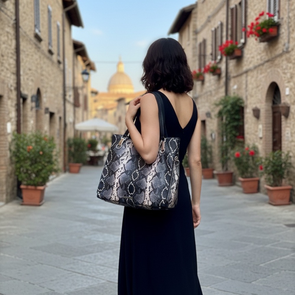 Vince Camuto EMELY Large Snakeskin Embossed Leather Tote Bag, EUC 🥳